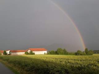 Ein Regebogen steht über ein paar Scheunen bei dunklen Wolken