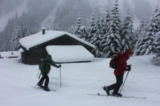 Zwei Skibergsteiger laufen in einen verschneiten Wald, hinter ihnen ist eine Holzhütte