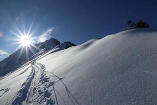 Ein schneebedeckter Berghang auf dem Spuren zu sehen sind. Im Hintergrund scheint die Sonne über einen Gipfel
